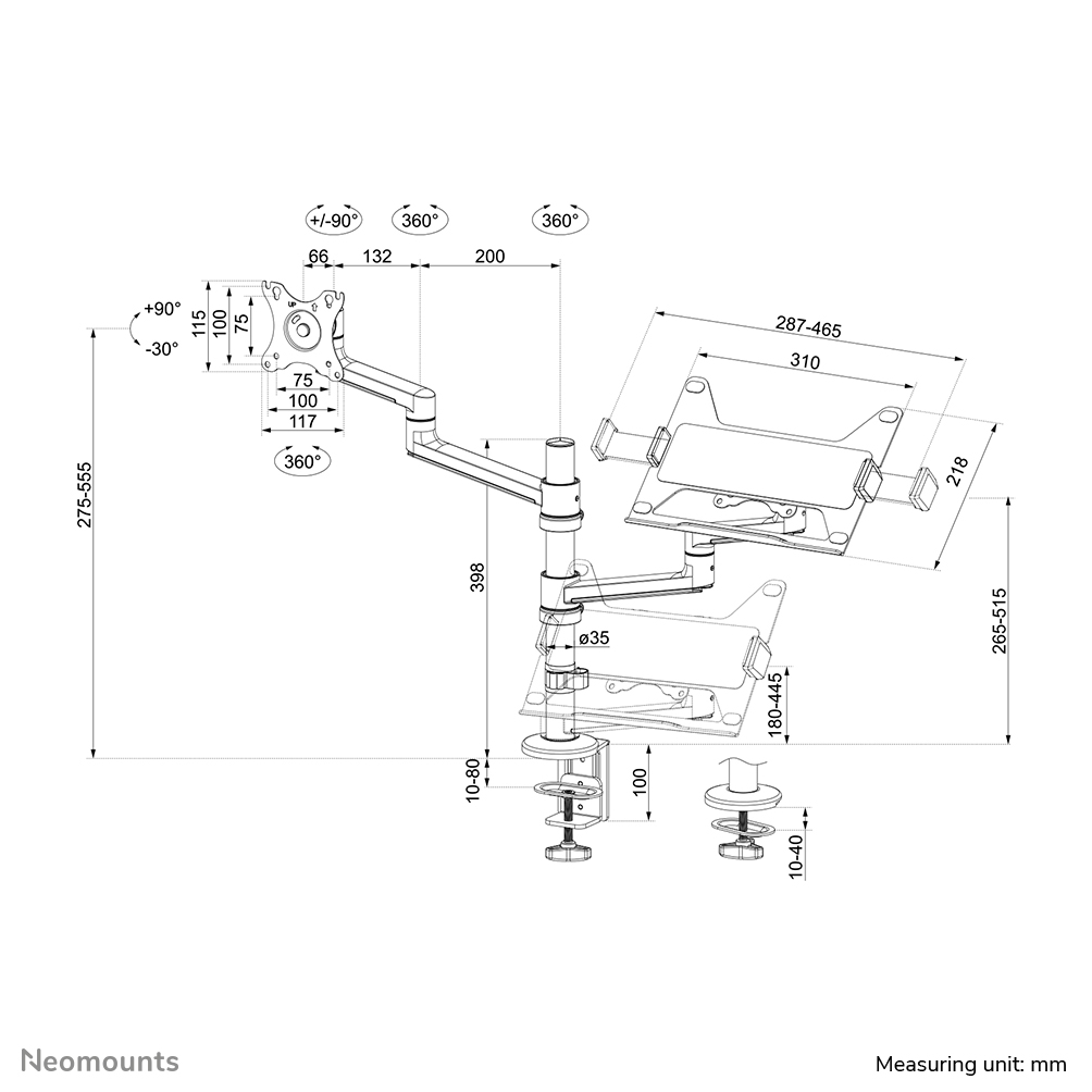 Neomounts DS20-425BL2 Monitorarm mit Laptop-Halterung 17-27" - platzsparend
